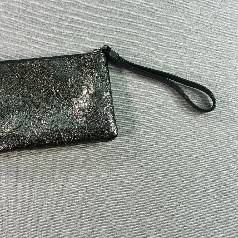 Coach Metallic Signature Embossed Leather Wristlet Black Gunmetal Zip Pouch